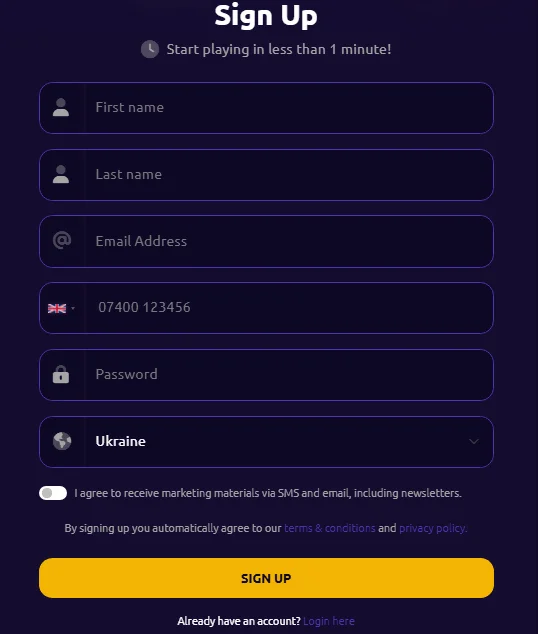 Spin Time casino registration form